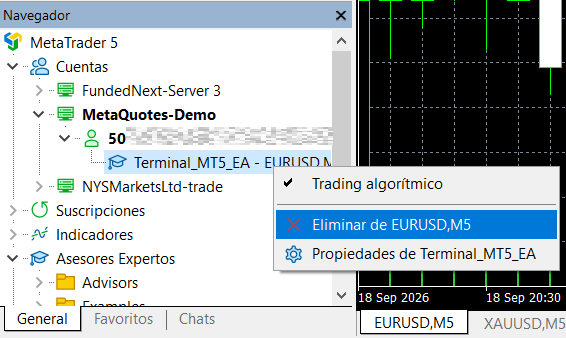Navigator context menu on Terminal_MT5_EA with the option to remove it from EURUSD,M5